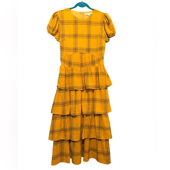 English Factory Saffron Golden Yellow & Black Plaid Tiered Midi Dress Size Small - Picture 1 of 13